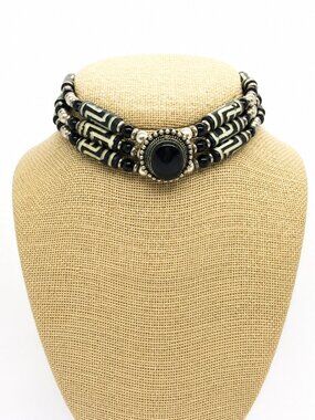 VINTAGE BEADED CHOKER Necklace Black White Tribal Stone 27" Festival Boho